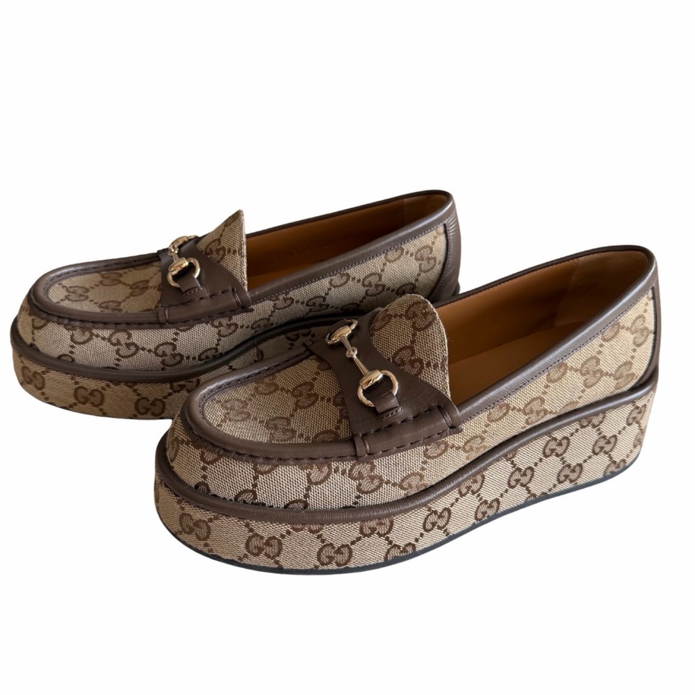 Gucci Beige and Brown Monogram Platform Loafers